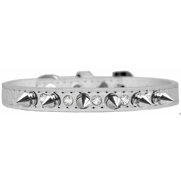 Mirage Pet Products Silver Spike & Clear Jewel Croc Dog CollarWhite Size 10 720-17 WTC10
